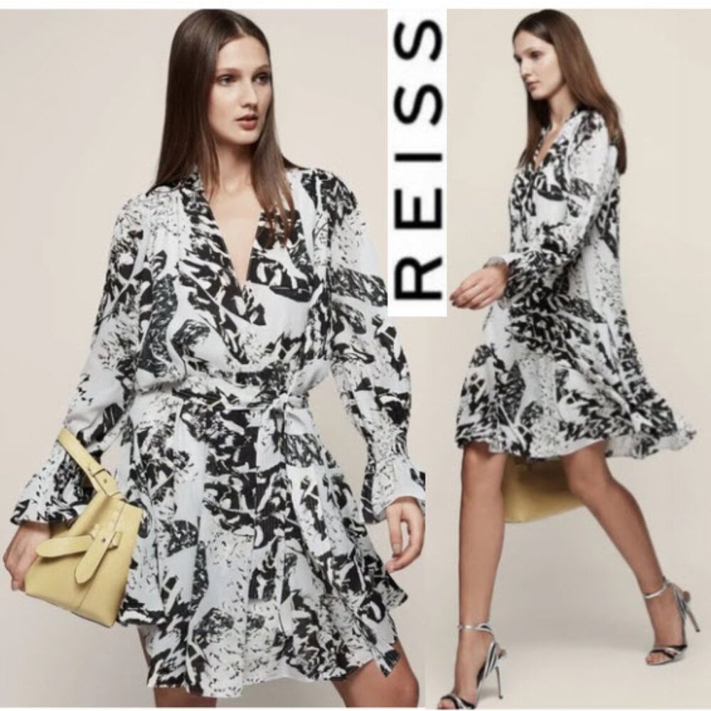 REISS Serenella Tie Waist Printed Dress Long Sleeve Flowy Size 2